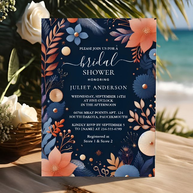At Hydrangea Metallic Pure Navy Blue Bridal Shower Invitation (Creator Uploaded)
