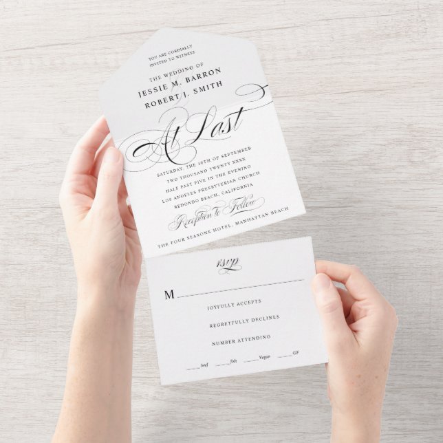 At Last Black and White Calligraphy Wedding All In One Invitation (Tearaway)
