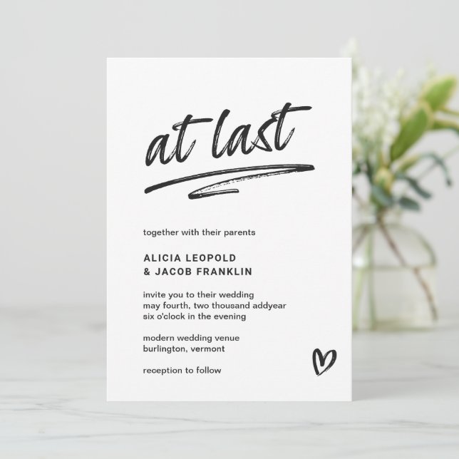 At Last Black and White Typography Modern Wedding Invitation (Standing Front)