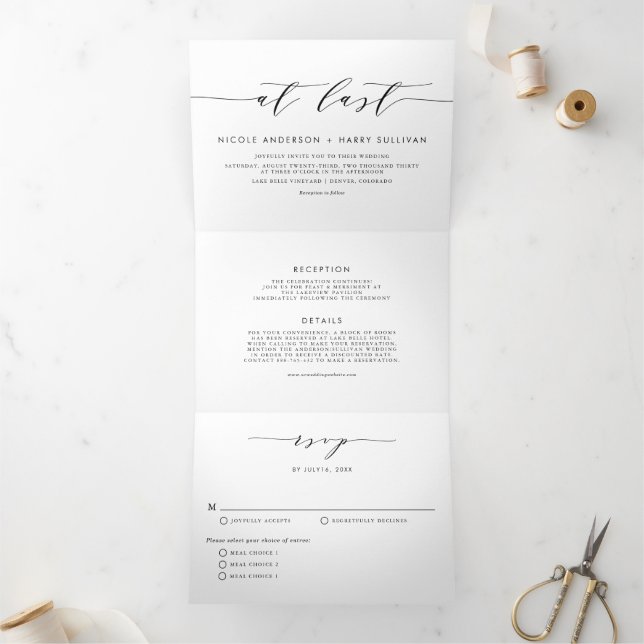 At Last Black Minimalist Script Wedding Tri-Fold Invitation (Inside)