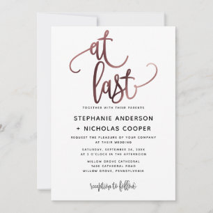 At Last Black Rose Gold Script Typography Wedding Invitation