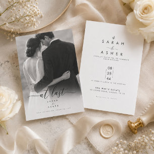 At Last Black White Photo Minimalist Wedding Invitation