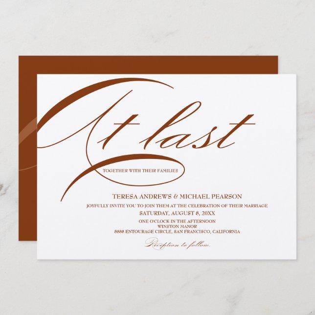 At last Calligraphy Rust red Minimalist Wedding Invitation (Front/Back)