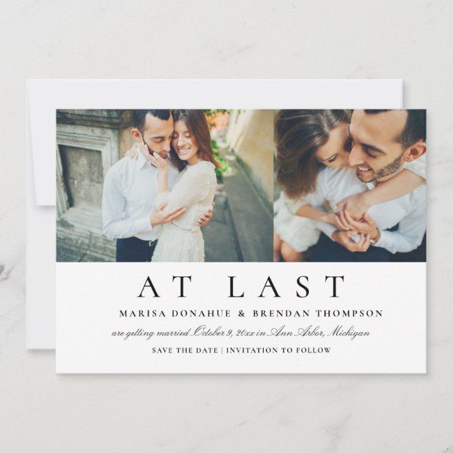 At Last Elegant Black and White Wedding Photo Save The Date (Front)