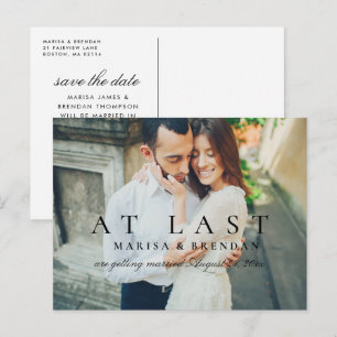 At Last Elegant Black White Photo Save the Date Announcement Postcard