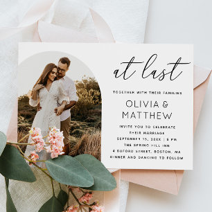At Last. Elegant script photo wedding + QR code Invitation
