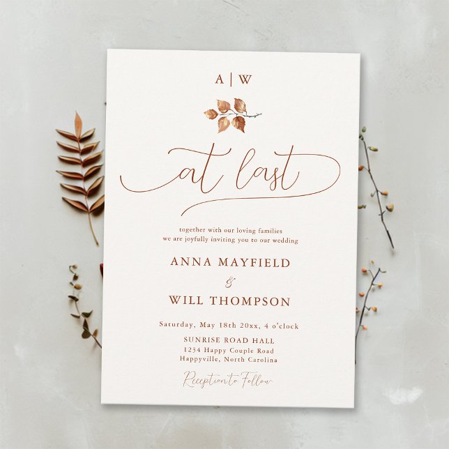 At Last Fall Elegant Calligraphy Foliage Wedding Invitation (At Last Elegant Romantic Calligraphy Fall Autumn Wedding Invitation Modern Classic Terracotta Orange)