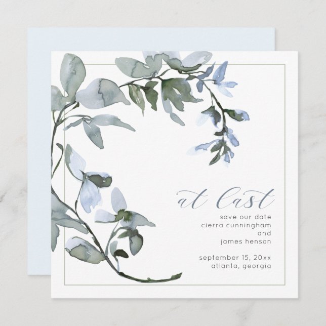At Last Greenery Powder Blue Floral Save The Date (Front/Back)
