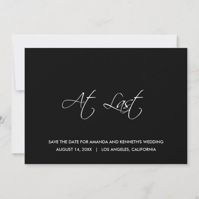 At Last Minimalist Black Save The Date Wedding Invitation (Front)