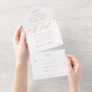 At Last Rose Gold Calligraphy Wedding All In One Invitation