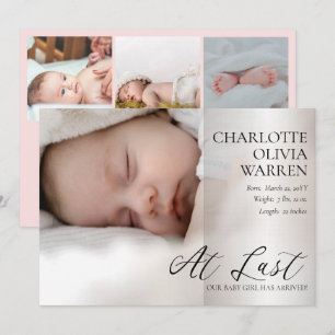At Last Script 4 Photo Baby Pink Birth Announcement