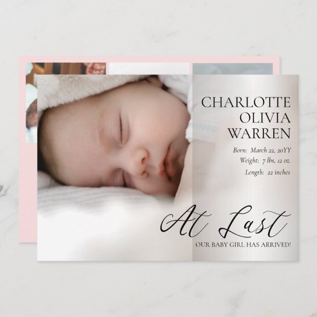 At Last Script 4 Photo Baby Pink Birth Announcement (Front/Back)