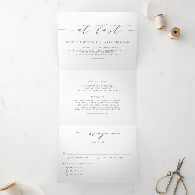 At Last Taupe Green Minimalist Script Wedding Tri-Fold Invitation (Inside)