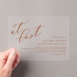 At Last Terracotta Modern Calligraphy Wedding Acrylic Invitations<br><div class="desc">Celebrate your timeless love with our customisable acrylic wedding invitation, featuring the elegant phrase "At Last" in beautiful modern calligraphy. This minimalist yet striking design combines transparent acrylic with flowing hand-lettered calligraphy. Personalise by adding your names and wedding details. This terracotta wedding invitation is perfect for any wedding theme; whether...</div>