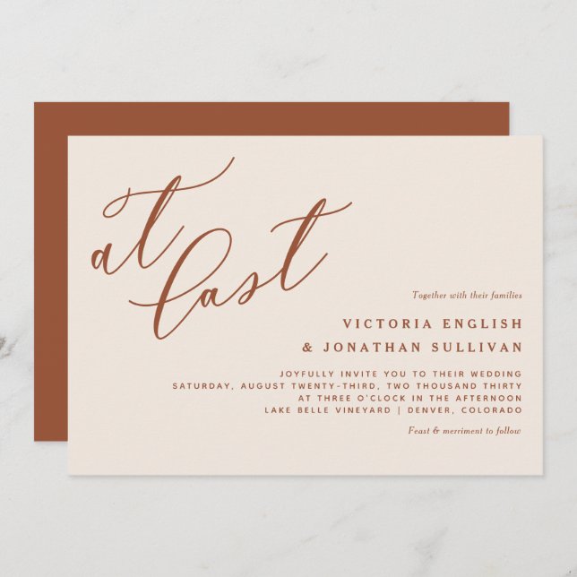 At Last Terracotta Modern Calligraphy Wedding Invitation (Front/Back)