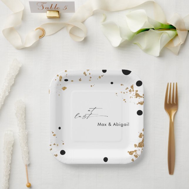 At Last Wedding Couple Names Black and Gold Paper Plate (Wedding)