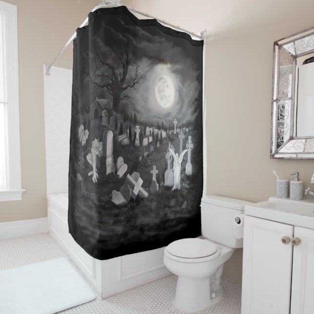 At night on the cemetery - Angel with Devil Shower Curtain (In Situ)