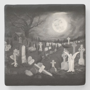 At night on the cemetery - Angel with Devil Stone Coaster