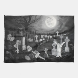 At night on the cemetery - Angel with Devil Tea Towel