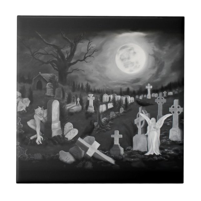 At night on the cemetery - Angel with Devil Tile (Front)
