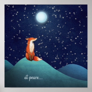 at peace ~ Charming Fox Sitting Under a Full Moon Poster