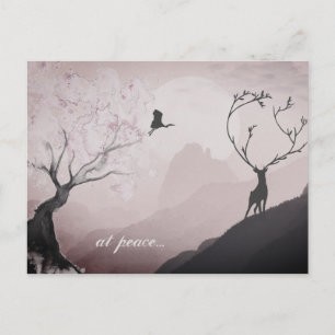 at peace ~ Pink Full Moon and Mountain Scene Japan Postcard
