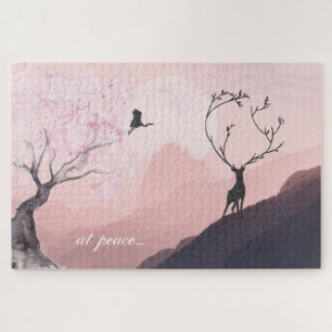 at peace, Pink Sunrise Spring Mountain Scene Japan Jigsaw Puzzle