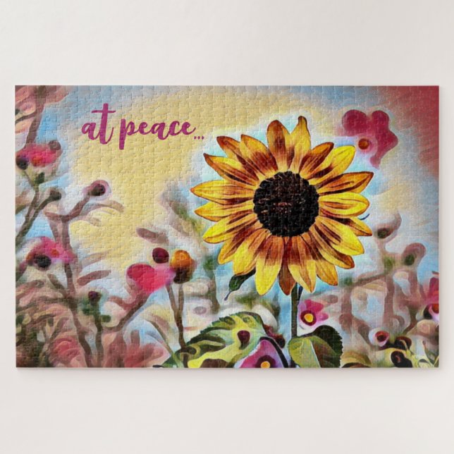at peace Pretty Yellow Sunflower and Pink Flowers Jigsaw Puzzle (Horizontal)