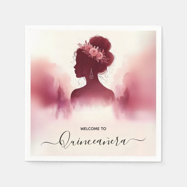 At Silver Plum Lace Gown Boho Burgundy Quinceanera Napkin (Front)