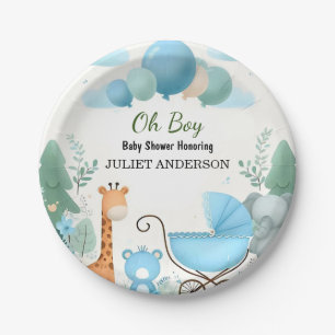 At Soft Boho Bear Blue Cub Welcome Baby Boy Shower Paper Plate