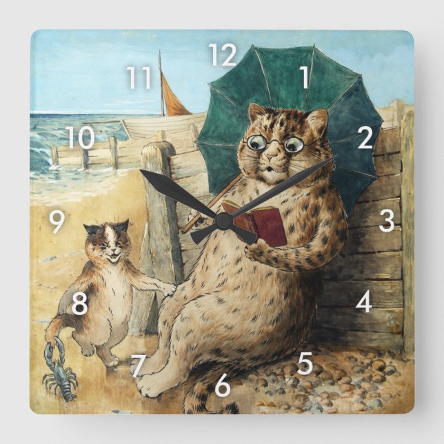 At The Beach, Louis Wain Square Wall Clock (Front)