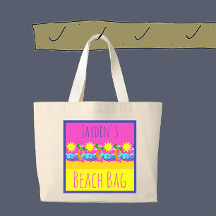 At the beach, tropical sun, your name and words large tote bag