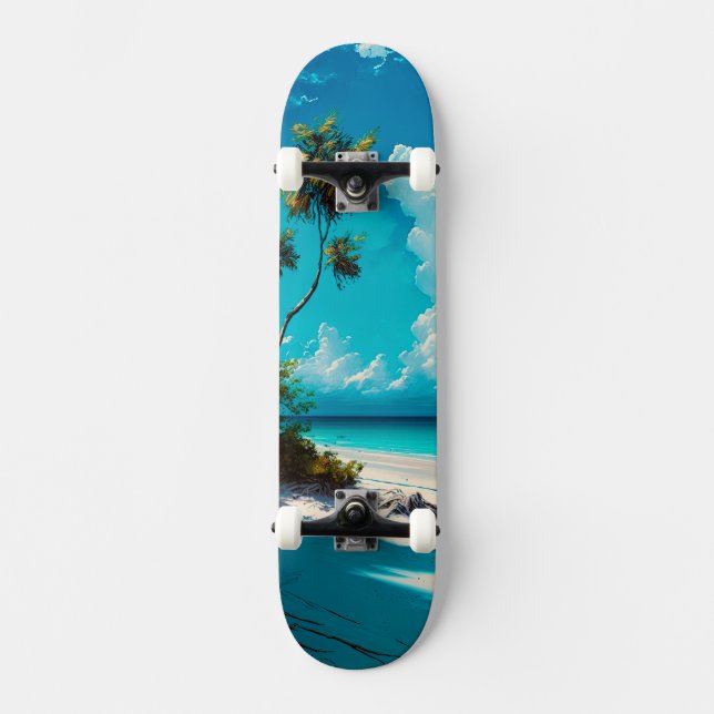At the Beach - White sand and Blue Sky Skateboard (Front)