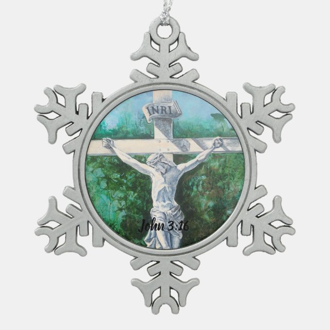 At the Cross Whites & Greens Crucifix Art Snowflake Pewter Christmas Ornament (Front)