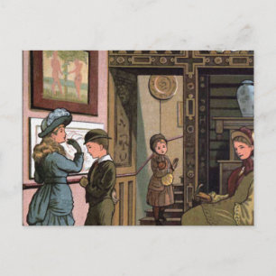 "At the Museum" Vintage Illustration Postcard