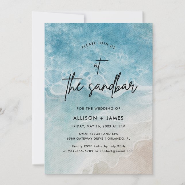 At The Sandbar Watercolor Beach Wedding Invitation (Front)