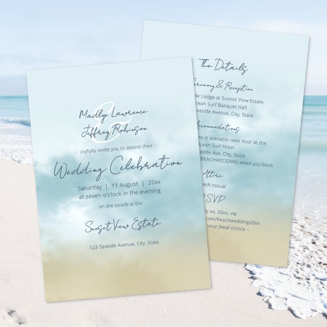 At the shore ocean surf beach all in one wedding invitation (front & back - combination invitation plus details card - easily add a QR code with Z design tool)