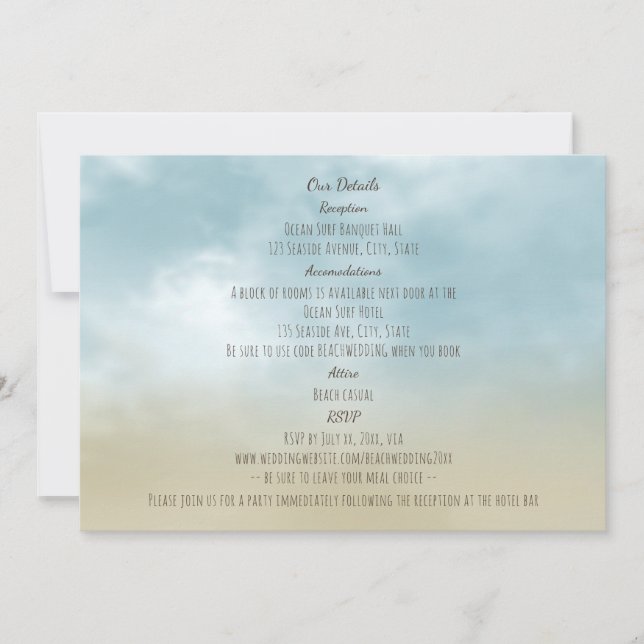 At the shore ocean surf beach wedding details card (Front)