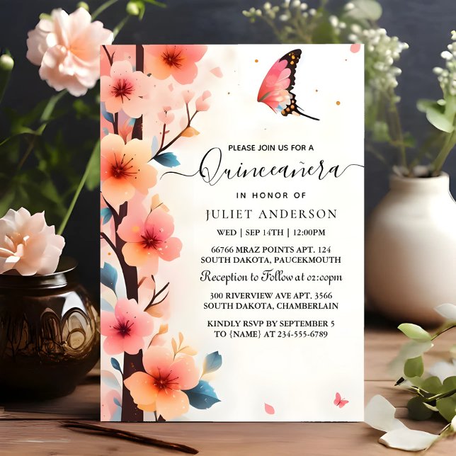 At Wood Tree Pink Girly Cherry Blossom Quinceanera Invitation (Creator Uploaded)