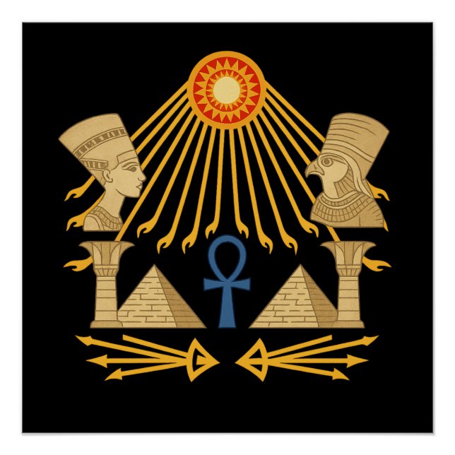 Aten Sun Disc – Ankh, Horus & Nefertiti Poster (Front)