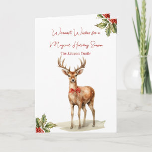 atercolor Christmas Deer and Holly Holiday Card