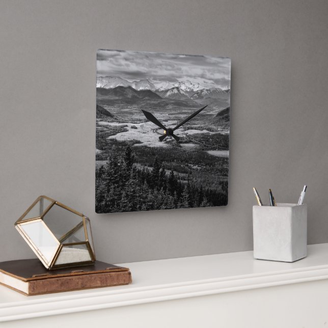 Athabasca Lookout, Monochrome Scenery Photography Square Wall Clock (Office)