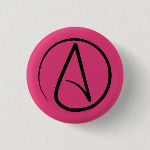 Atheist symbol: black on fuchsia 3 cm round badge