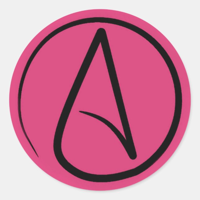 Atheist symbol: black on fuchsia classic round sticker (Front)