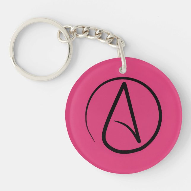 Atheist symbol: black on fuchsia key ring (Front)