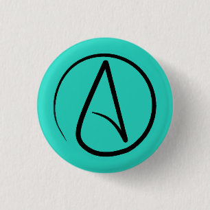 Atheist symbol: black on verdigris 3 cm round badge