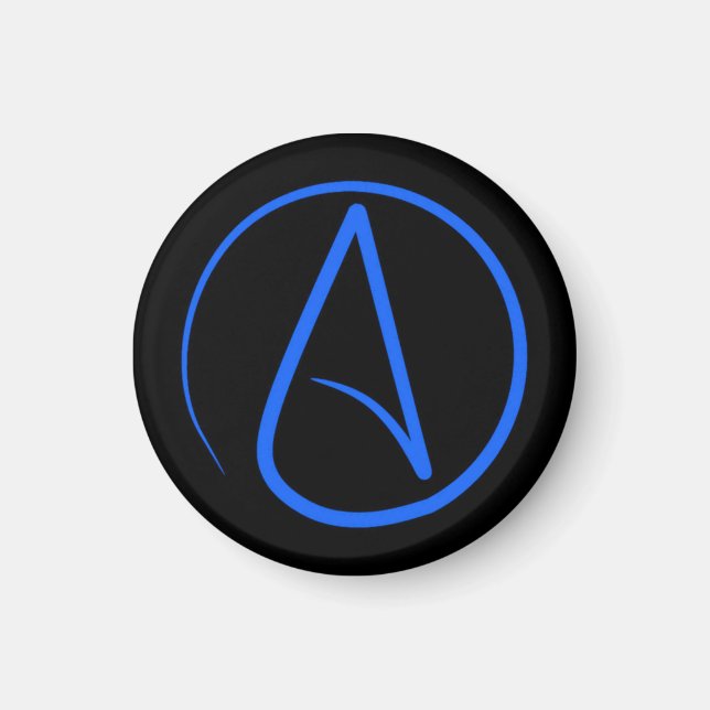 Atheist symbol: blue on black magnet (Front)