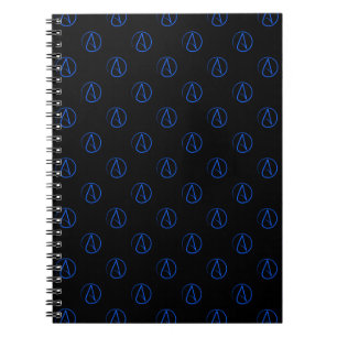 Atheist symbol: blue on black spiral notebook