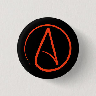 Atheist symbol: orange on black 3 cm round badge
