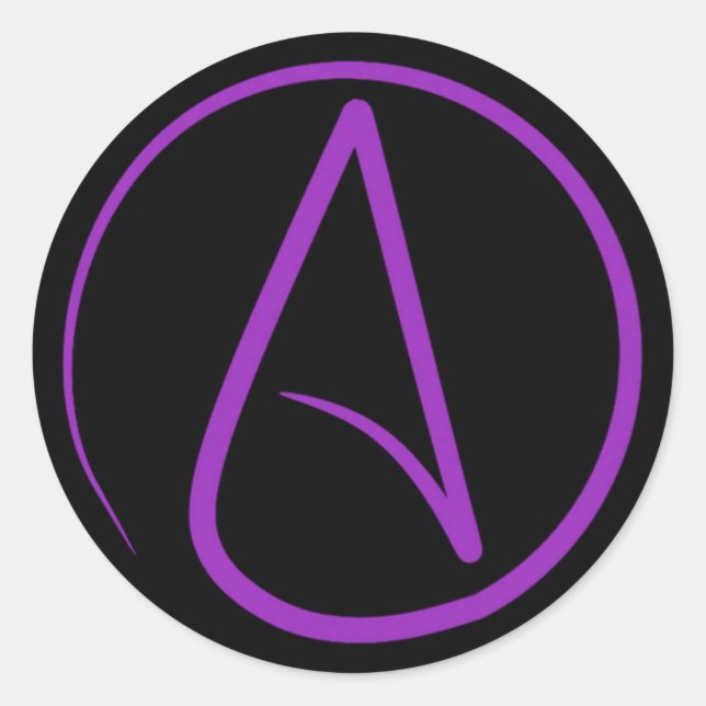Atheist symbol: purple on black classic round sticker (Front)